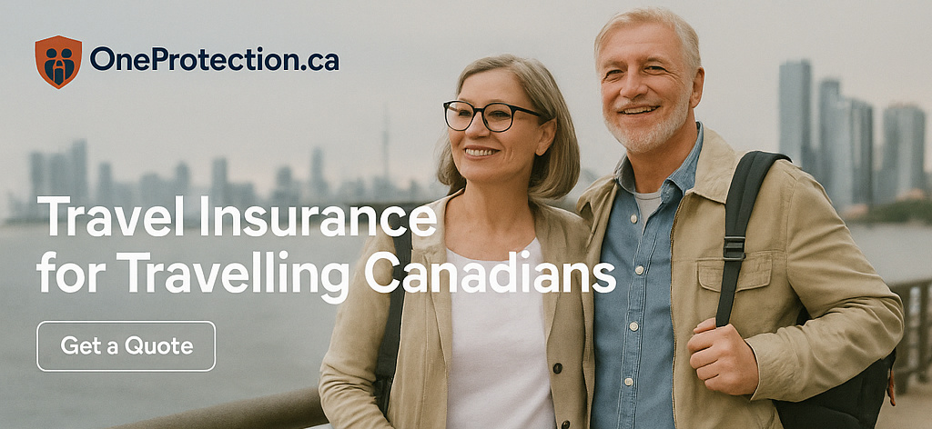 Happy senior couple travelling with city skyline, representing insurance for Travelling Canadians