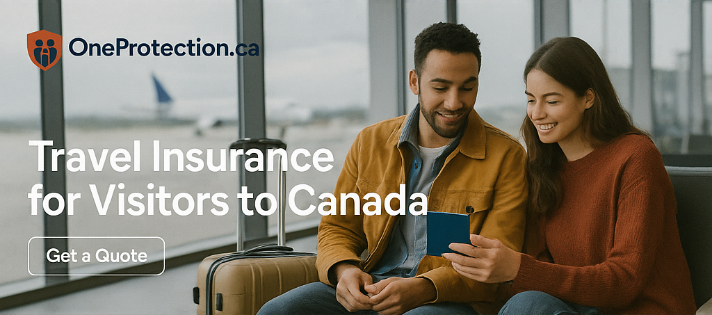 Couple at airport reviewing documents, representing Visitors to Canada Insurance